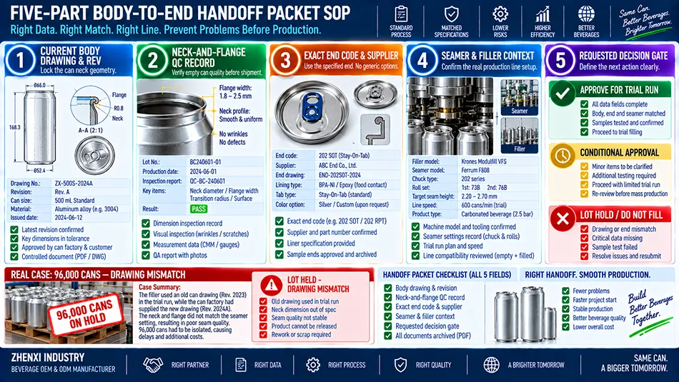 Technical checklist showing five fields of body-to-end handoff packet for beverage can trial release