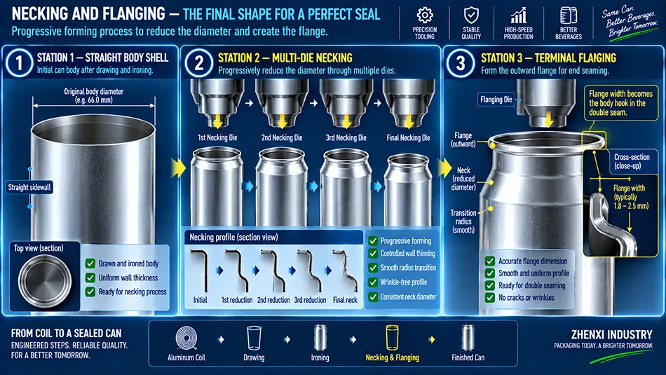 Cross section diagram showing progressive aluminum can necking steps and outward flanging for double seam body hook