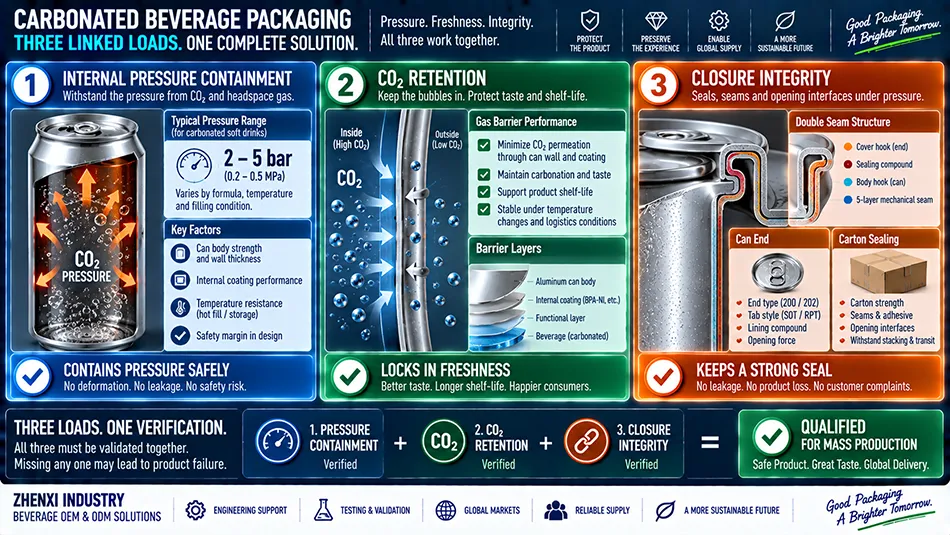 Technical infographic illustrating the three linked loads for cola packaging including internal pressure containment CO2 retention and closure integrity