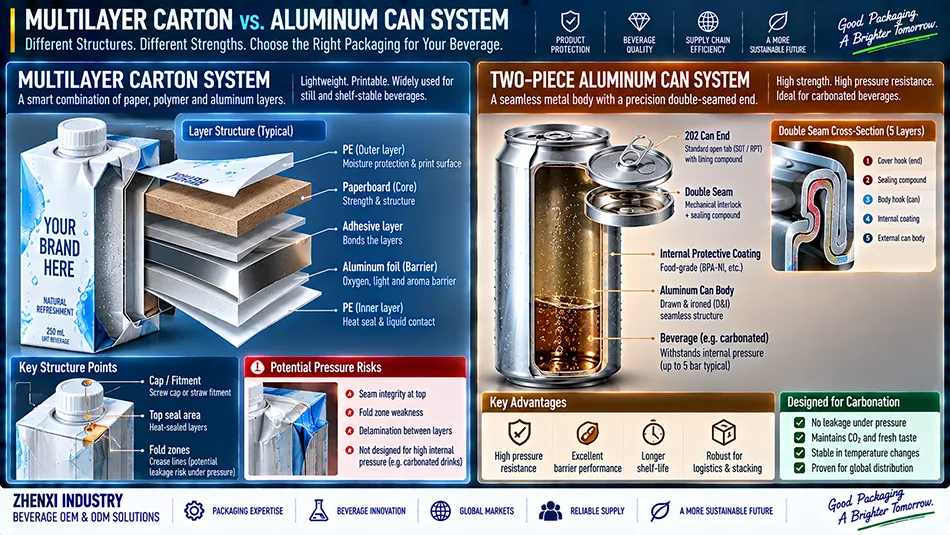 Cross section visual comparing multilayer liquid carton structure with aluminum beverage can body and end system for carbonated soft drinks