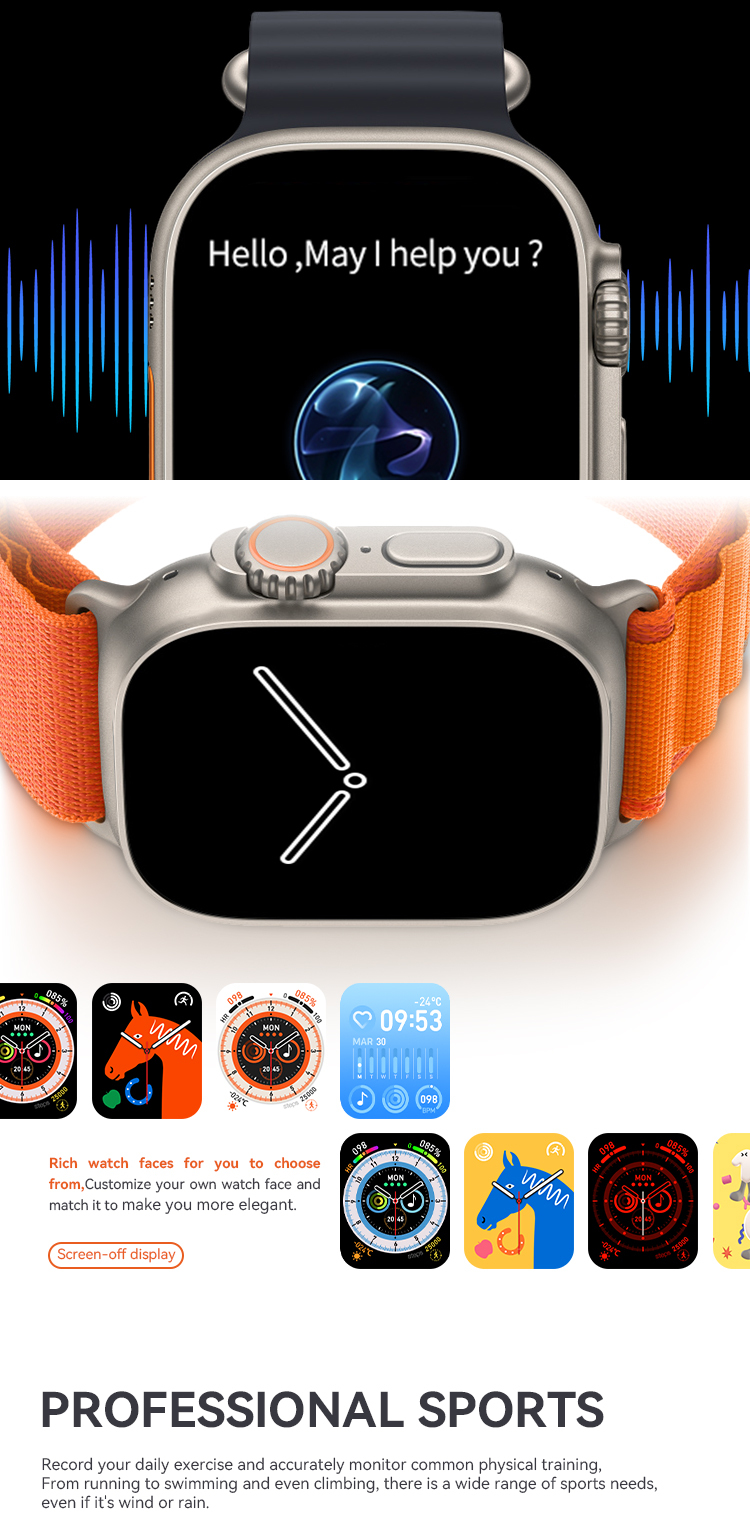 Ultra 8 series Smart Watch 49mm 2 Inch Big Screen Compass Dial Nfc Games Body Temperature Sports Fitness Smart Watch Hw68 Ultra