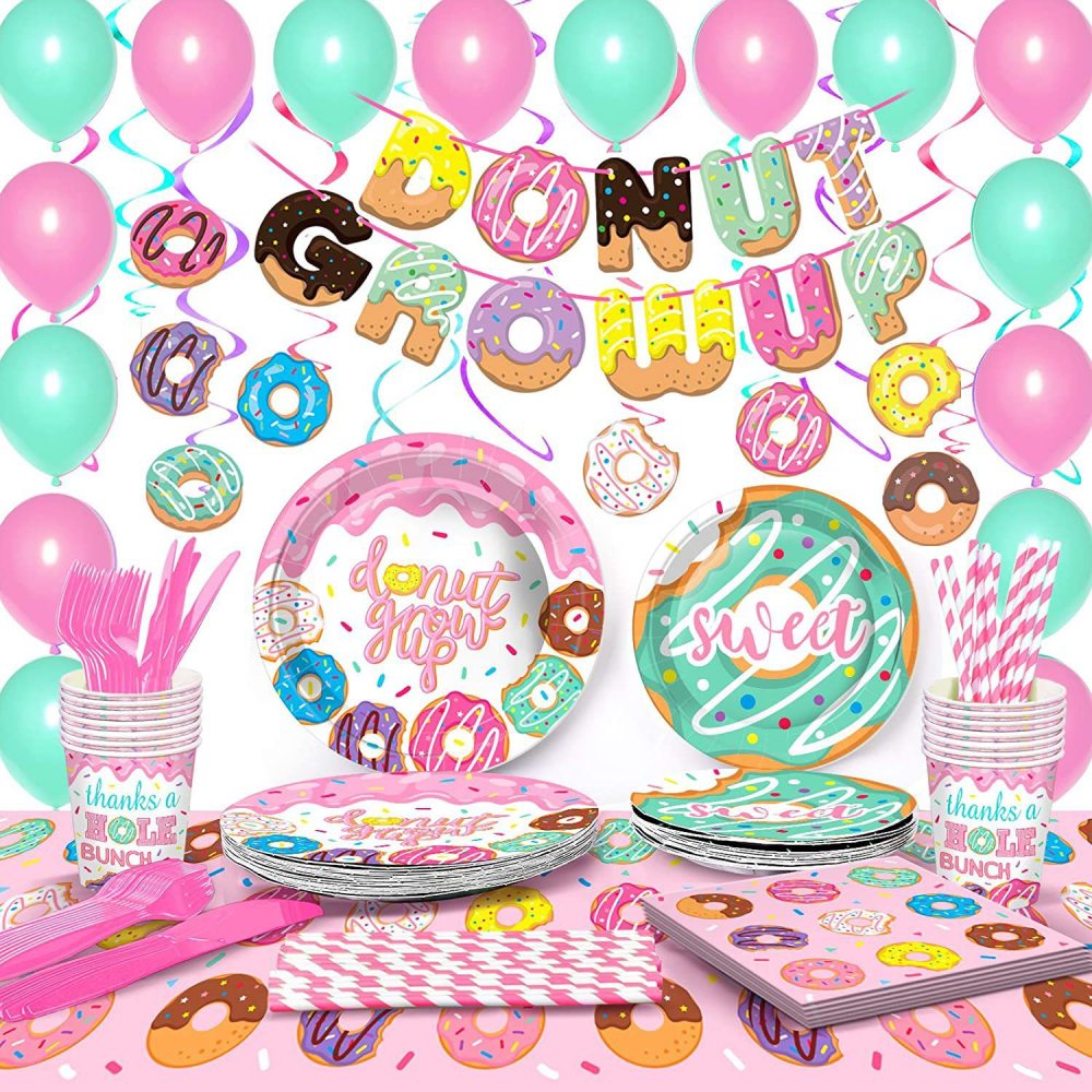 Pink Donuts Disposable Tablecloth Paper Plates Cups Paper Towels