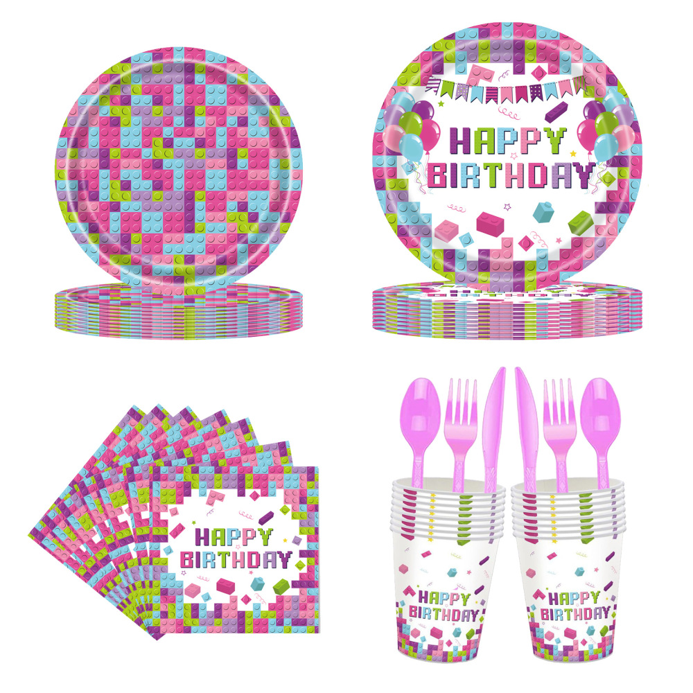 Pink Building Block Birthday Paper Tableware
