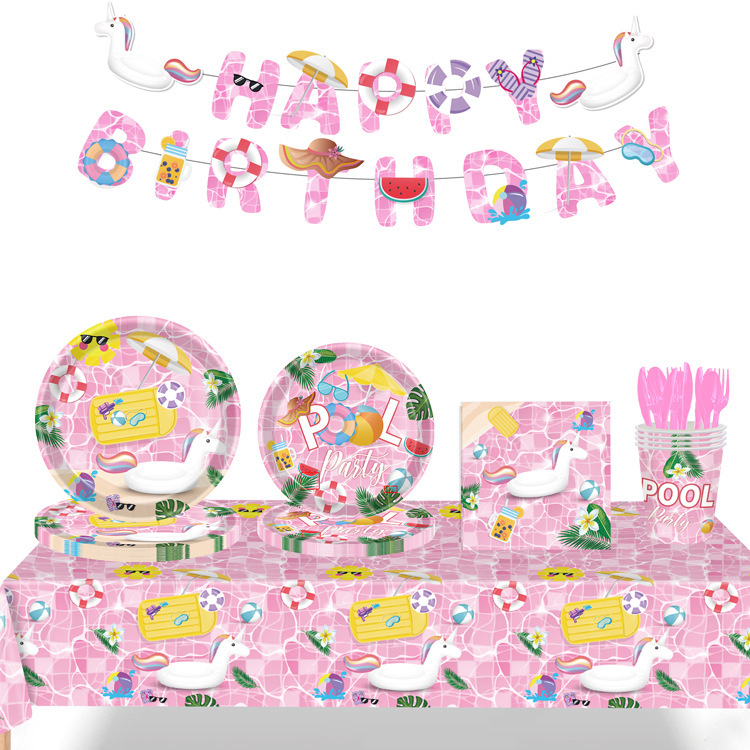 Pink Pool Party Paper Plates Cups Paper Towels