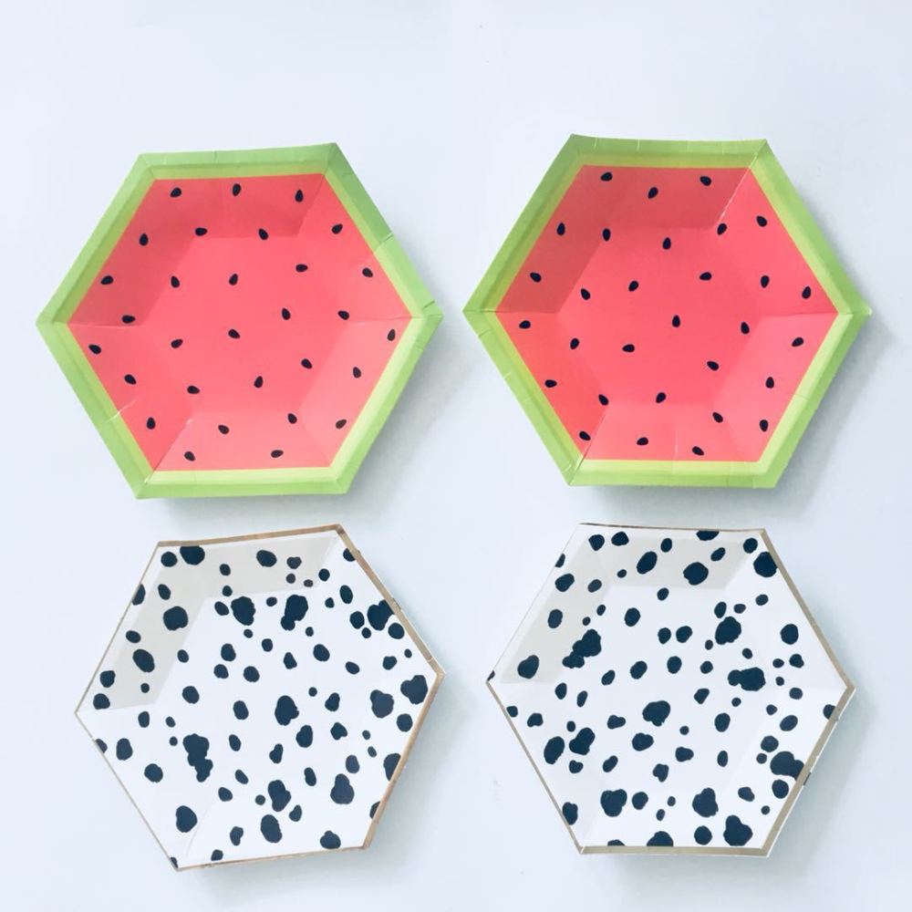 Hexagonal Red Watermelon And Black And White Spotted Paper Plate