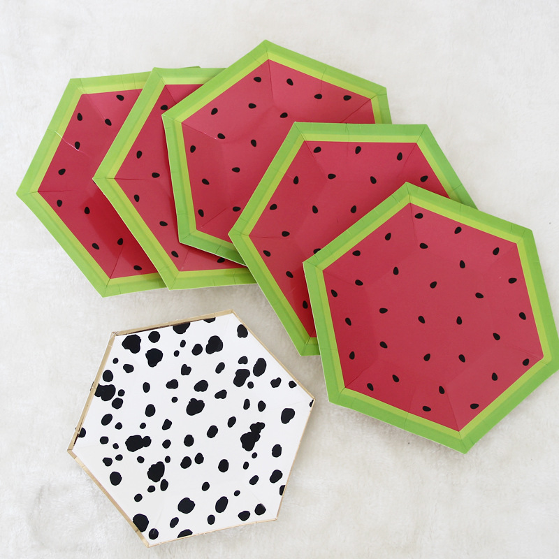 Hexagonal Red Watermelon And Black And White Spotted Paper Plate