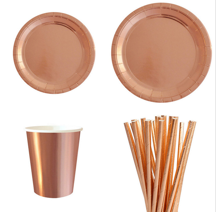 Rose Gold Disposable Tableware Paper Plate Straw