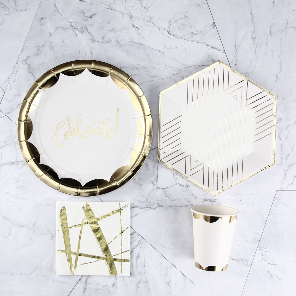 Gilt Gold Letters Birthday Party Tableware Paper Plates Cups