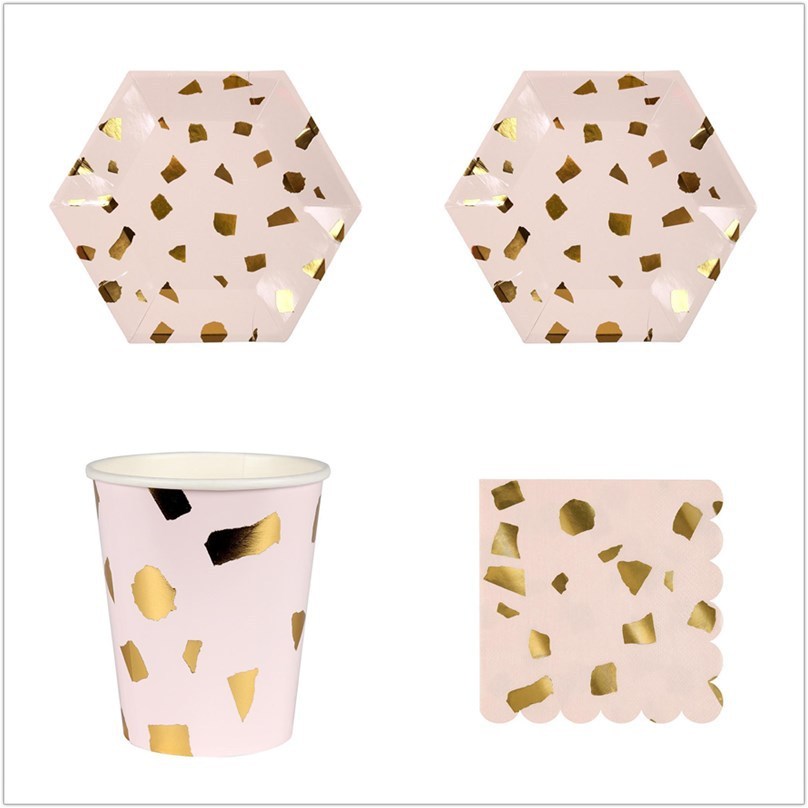Pink Hexagon Gold Stamping Party Tableware Paper Plate Paper Cup