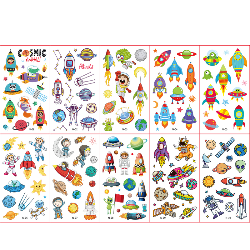 Cartoon Astronaut Rocket Space Waterproof Tattoo Sticker Set（x1）