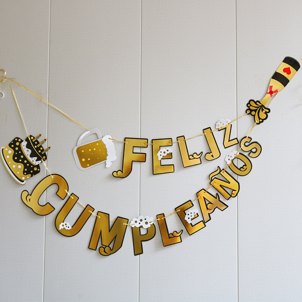 Spanish Cake Flag With Gold Lettering Feliz Cumpleanos Champagne Flag With Beer Bottle Banner