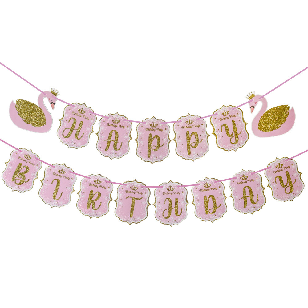 Swan Pulls Flag Party Letter Happy Birthday Banner