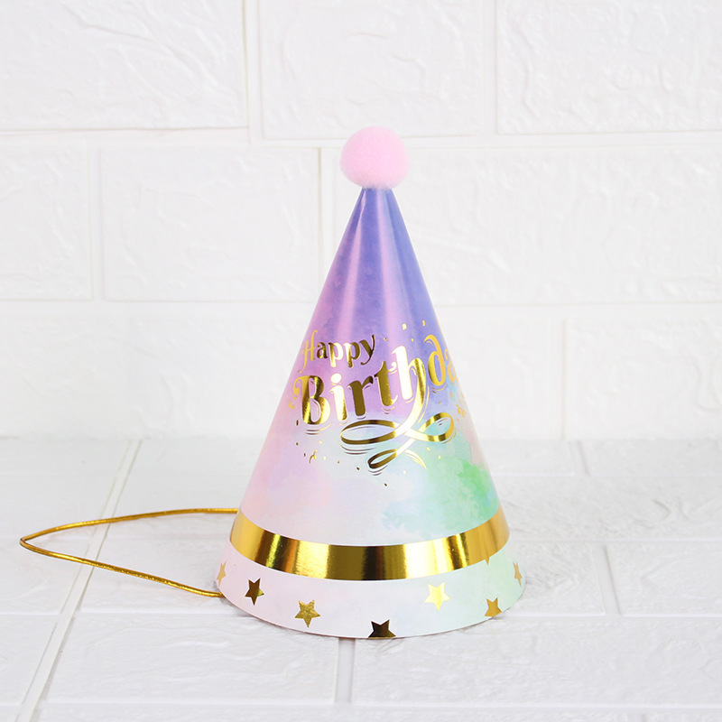 Pom Pom Gold Stamp Paper Cone Hats Birthday Hat（x1）
