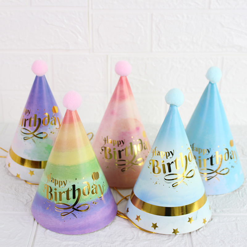 Pom Pom Gold Stamp Paper Cone Hats Birthday Hat（x1）