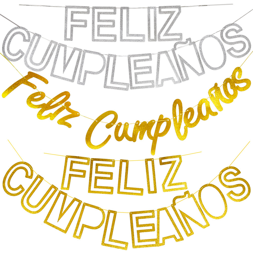 Glitter FELIZ CUMPLEANOS Happy Birthday Letter Pull Flag Hollow Gold Onion Party Banner