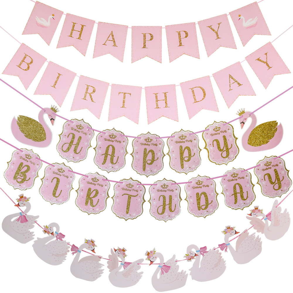 Swan Pulls Flag Party Letter Happy Birthday Banner