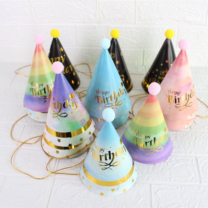 Pom Pom Gold Stamp Paper Cone Hats Birthday Hat（x1）