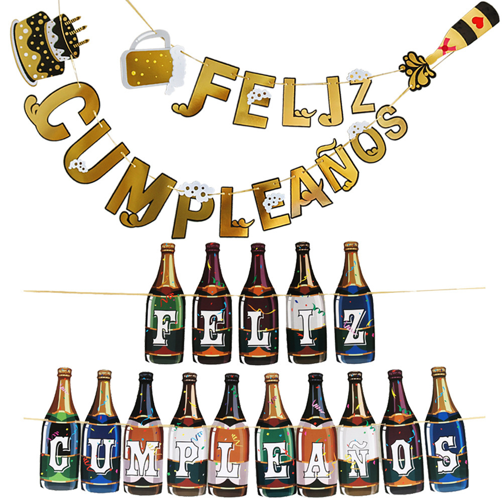 Spanish Cake Flag With Gold Lettering Feliz Cumpleanos Champagne Flag With Beer Bottle Banner