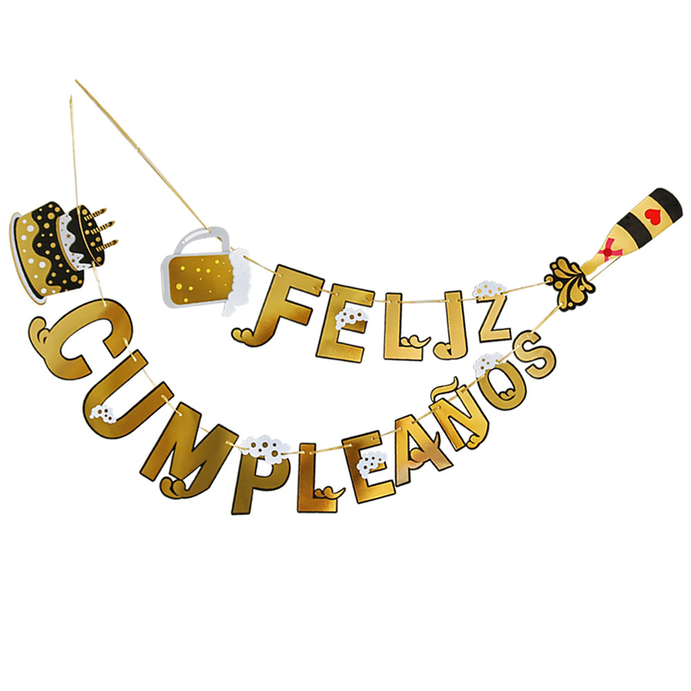 Spanish Cake Flag With Gold Lettering Feliz Cumpleanos Champagne Flag With Beer Bottle Banner