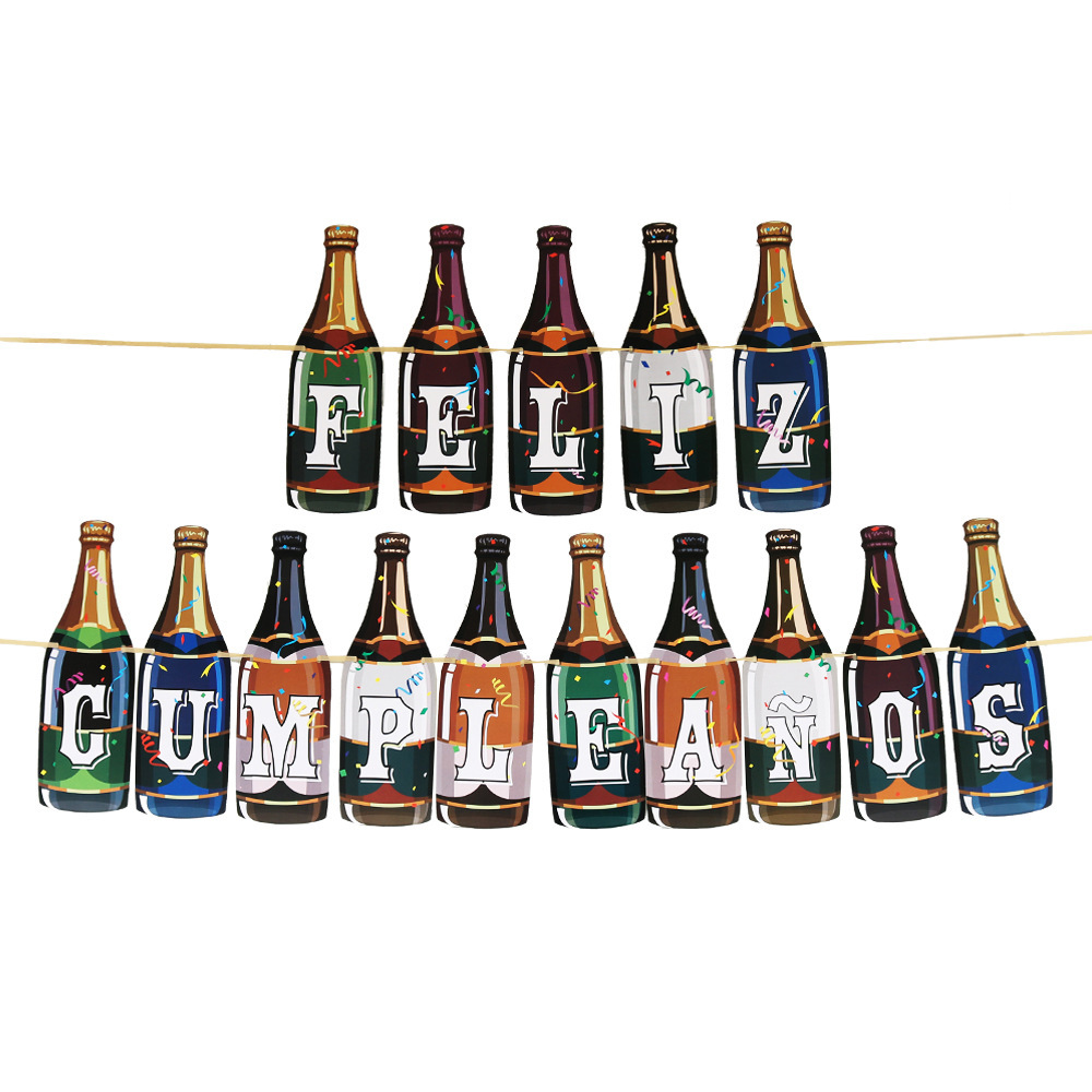 Spanish Cake Flag With Gold Lettering Feliz Cumpleanos Champagne Flag With Beer Bottle Banner