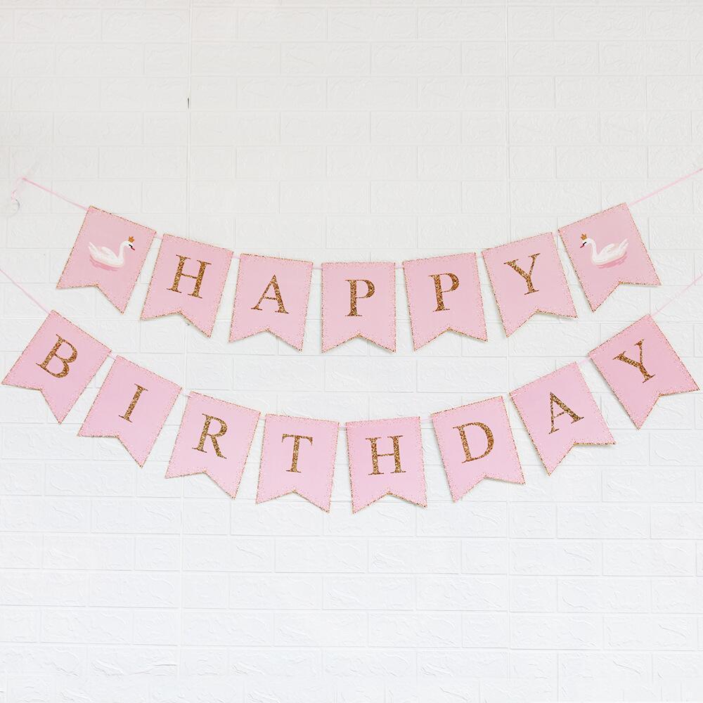 Swan Pulls Flag Party Letter Happy Birthday Banner