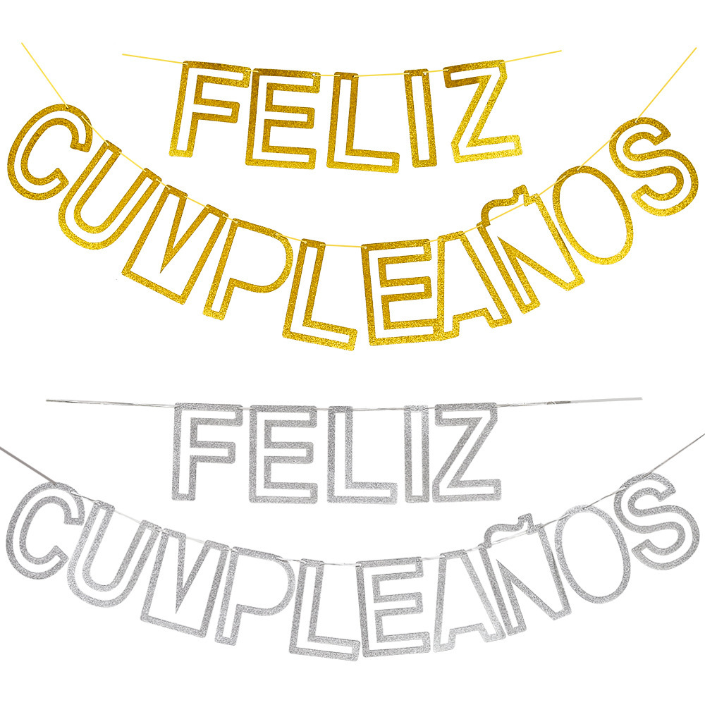 Glitter FELIZ CUMPLEANOS Happy Birthday Letter Pull Flag Hollow Gold Onion Party Banner