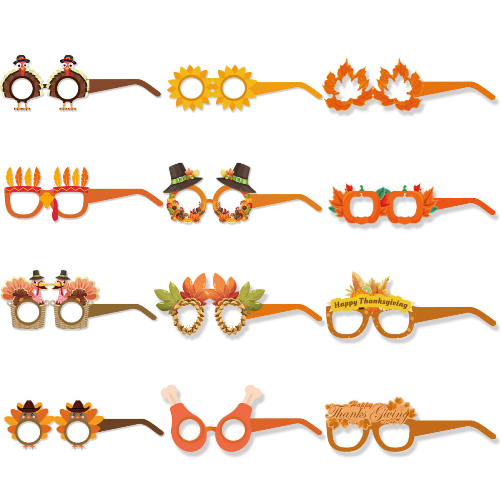 12pieces Pumpkin Turkey Maple Leaf Funny Party Glasses Thanksgiving Day Photo Booth Props
