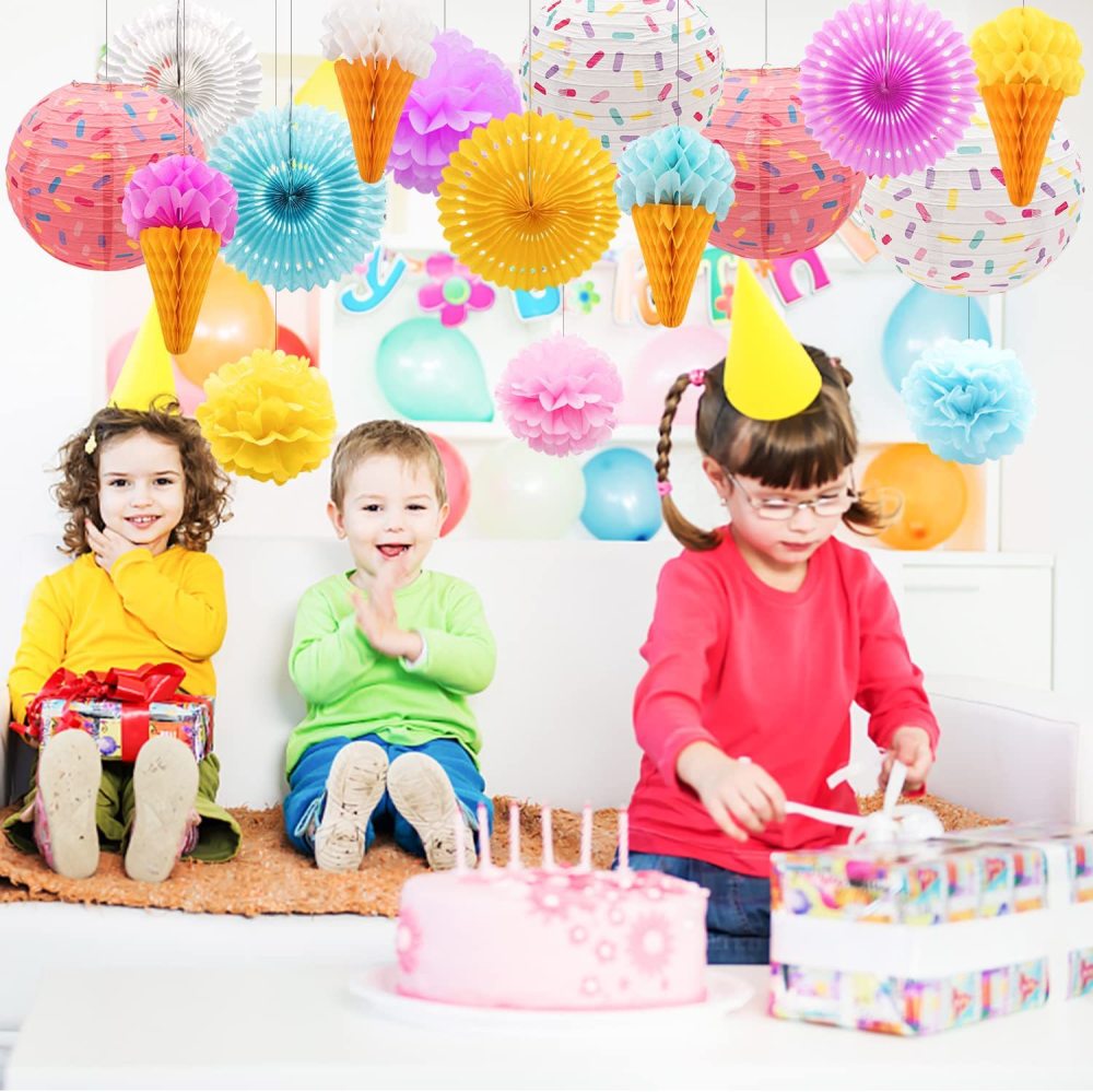 Donut Birthday Party Decorations Lanterns Sprinkle Hanging Paper Lanterns, Honeycomb Ball Party Paper Fans for Baby Shower Ice Cream Party