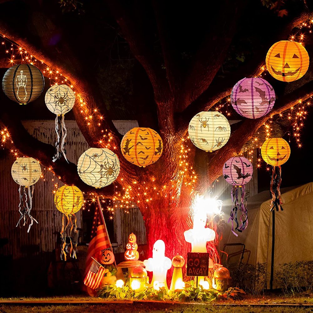 8 inch Halloween Decorations Hanging Paper Lantern Pumpkin Black Orange Polka Dots Wave Prints for Indoor Outdoor Party Props