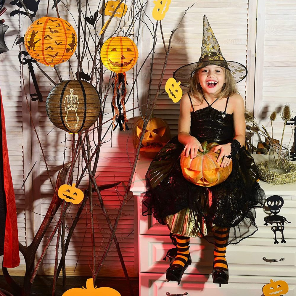 8 inch Halloween Decorations Hanging Paper Lantern Pumpkin Black Orange Polka Dots Wave Prints for Indoor Outdoor Party Props