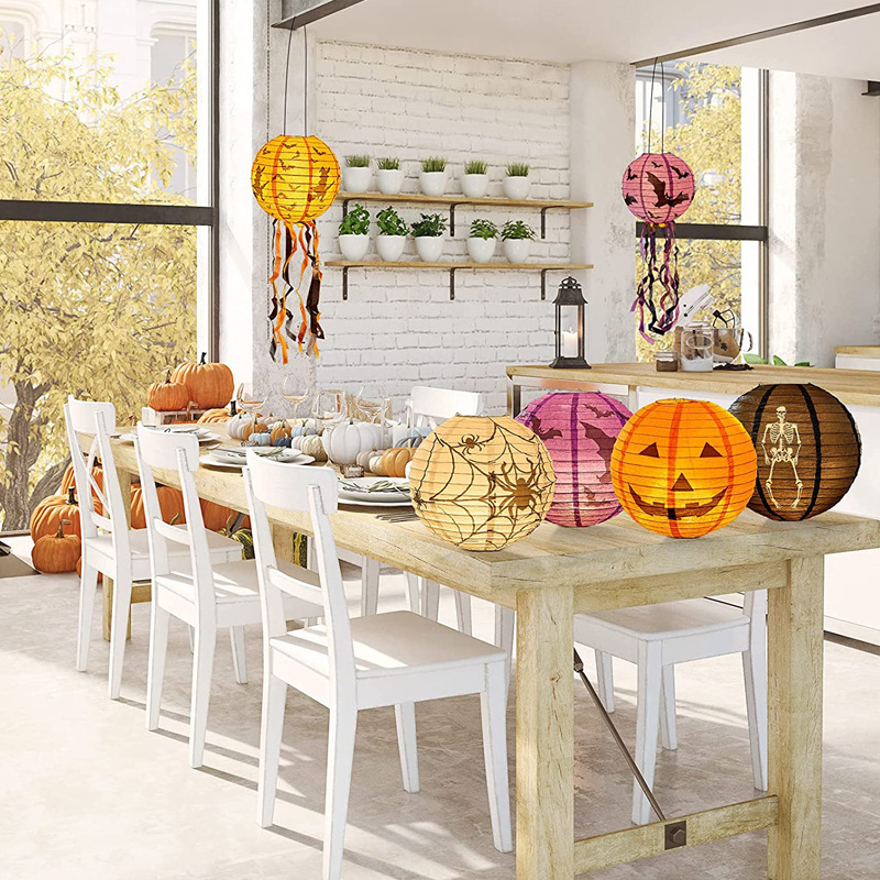 8 inch Halloween Decorations Hanging Paper Lantern Pumpkin Black Orange Polka Dots Wave Prints for Indoor Outdoor Party Props