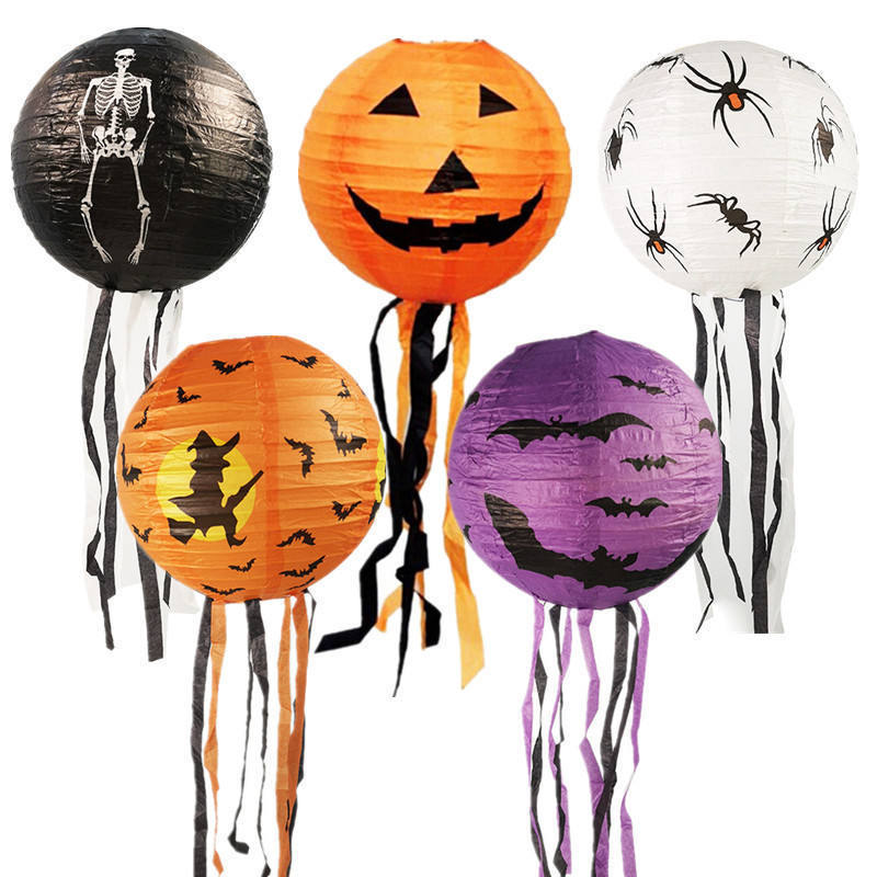 8 inch Halloween Decorations Hanging Paper Lantern Pumpkin Black Orange Polka Dots Wave Prints for Indoor Outdoor Party Props