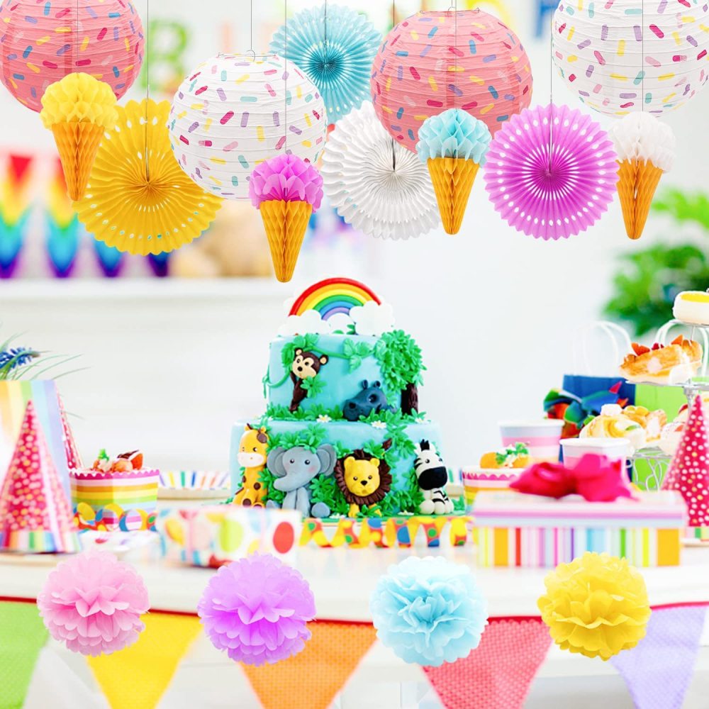 Donut Birthday Party Decorations Lanterns Sprinkle Hanging Paper Lanterns, Honeycomb Ball Party Paper Fans for Baby Shower Ice Cream Party