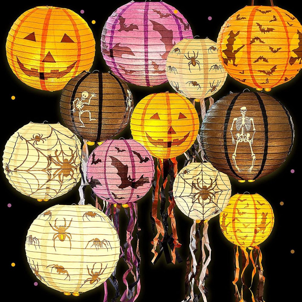 8 inch Halloween Decorations Hanging Paper Lantern Pumpkin Black Orange Polka Dots Wave Prints for Indoor Outdoor Party Props