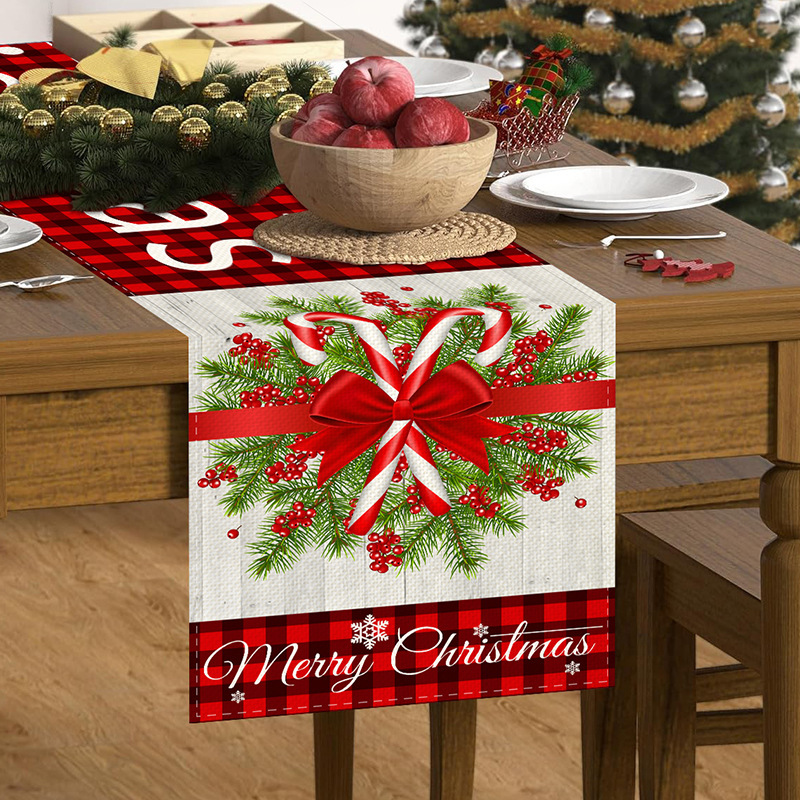 33cm*183cm Christmas Table Runner Red And Black Striped Plaid Kitchen Dining Table Decoration