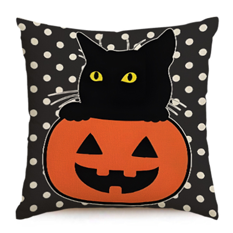 Halloween Pillow Case Black Cat Wave Point Linen Sofa Bed Throw Cushion Cover  (18" x 18")