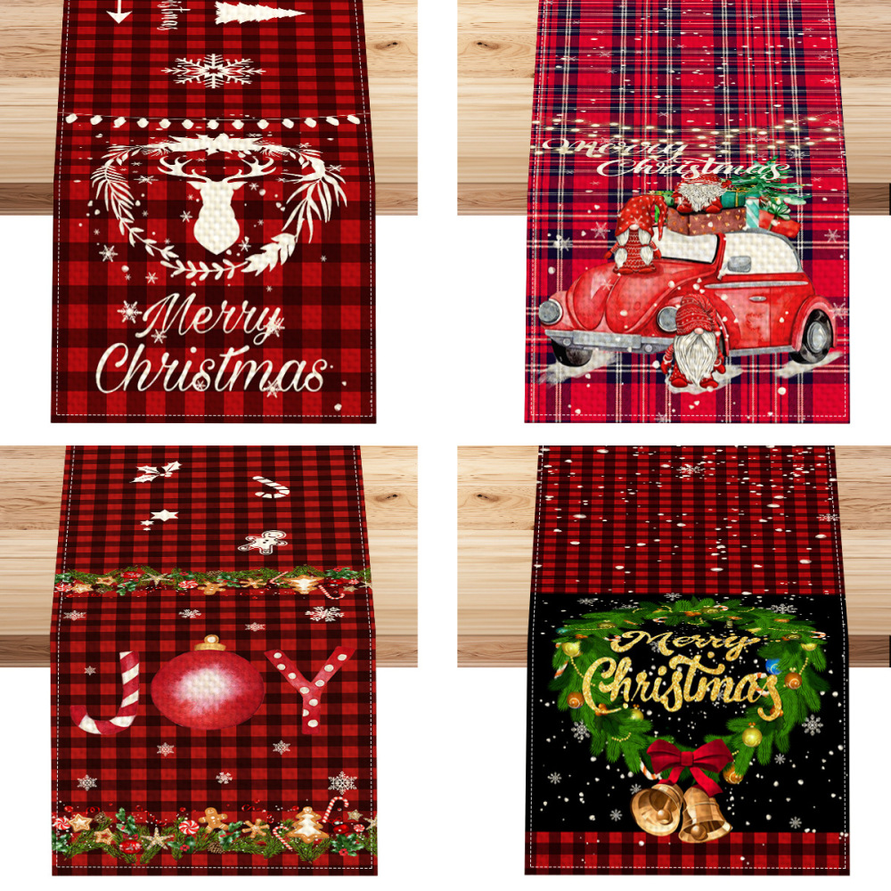 33cm*183cm Christmas Table Runner Red And Black Striped Plaid Kitchen Dining Table Decoration