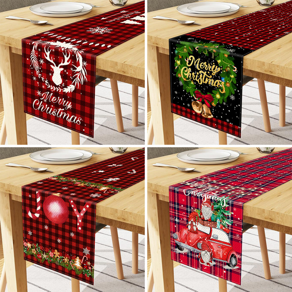 33cm*183cm Christmas Table Runner Red And Black Striped Plaid Kitchen Dining Table Decoration