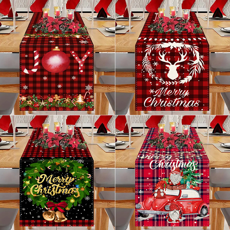 33cm*183cm Christmas Table Runner Red And Black Striped Plaid Kitchen Dining Table Decoration