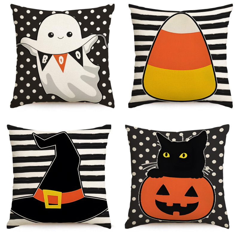 Halloween Pillow Case Black Cat Wave Point Linen Sofa Bed Throw Cushion Cover  (18" x 18")