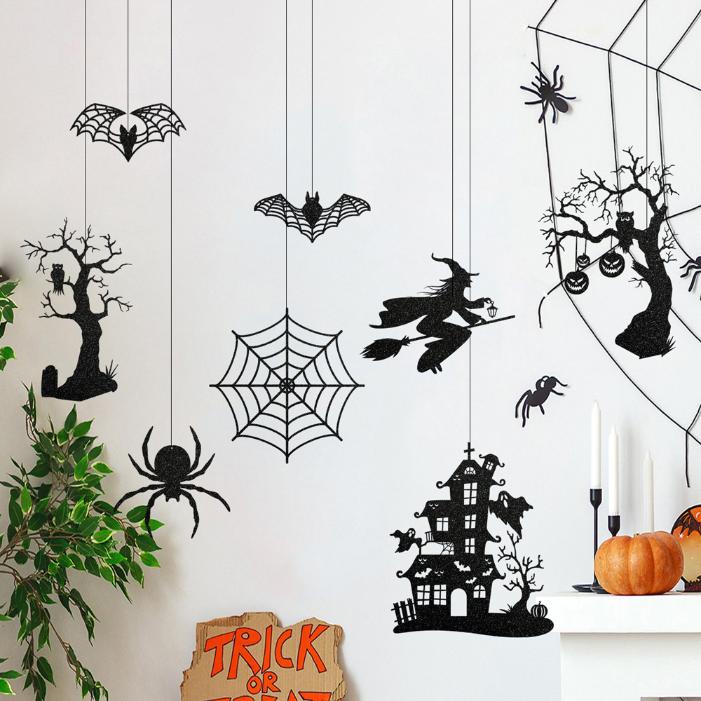 Halloween Witch Garland for Haunted House Decoration Black Glitter Gothic Sticker Decals Hanging Streamers Backdrop for Halloween Party