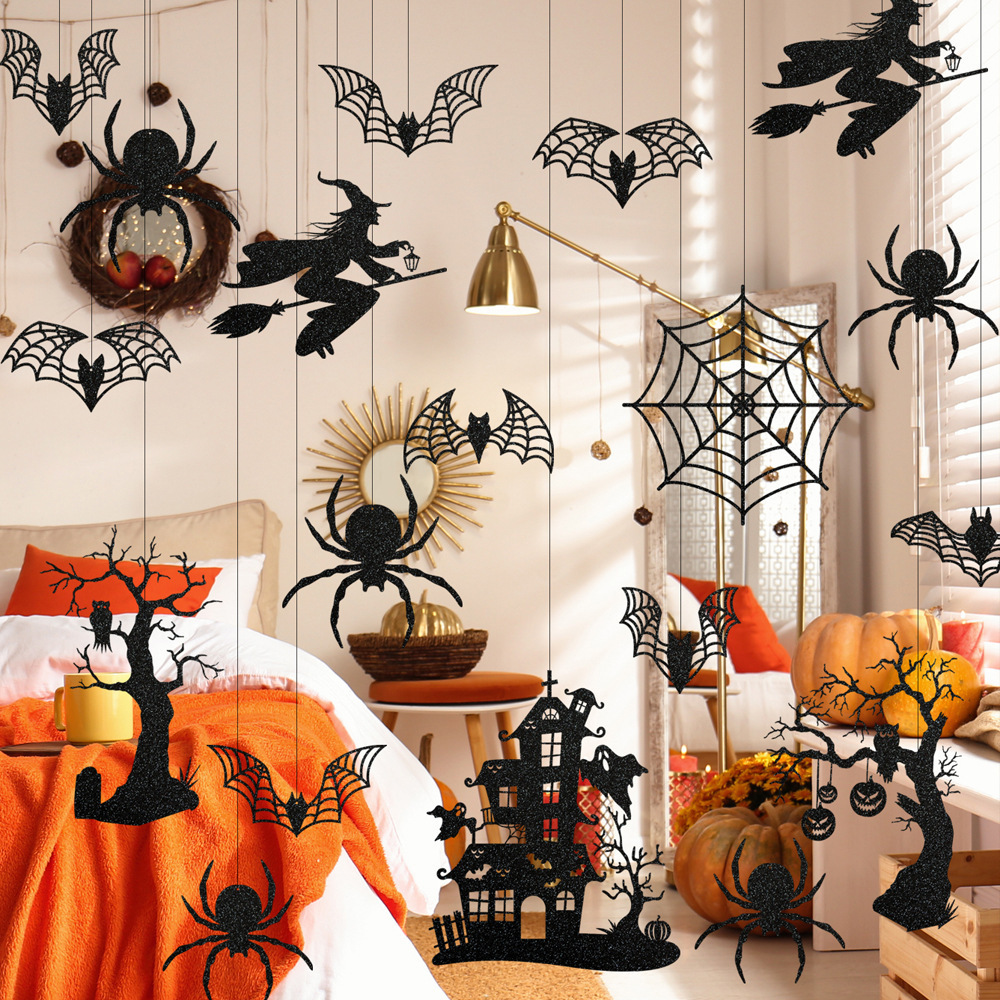 Halloween Witch Garland for Haunted House Decoration Black Glitter Gothic Sticker Decals Hanging Streamers Backdrop for Halloween Party