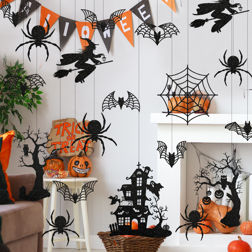 Halloween Witch Garland for Haunted House Decoration Black Glitter Gothic Sticker Decals Hanging Streamers Backdrop for Halloween Party