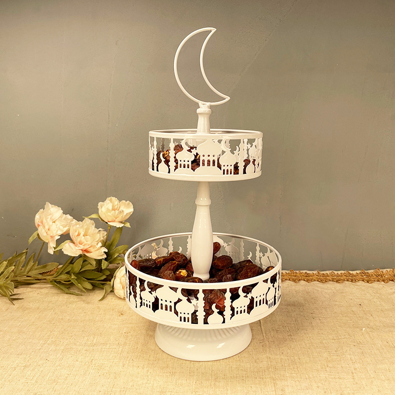 Eid Metal Tray Decorations Mubarak Cake Stand Golden Decorative Trays Ramadan Double Layer Tray Rack Dessert Display Plate for Eid Mubarak Party Supplies