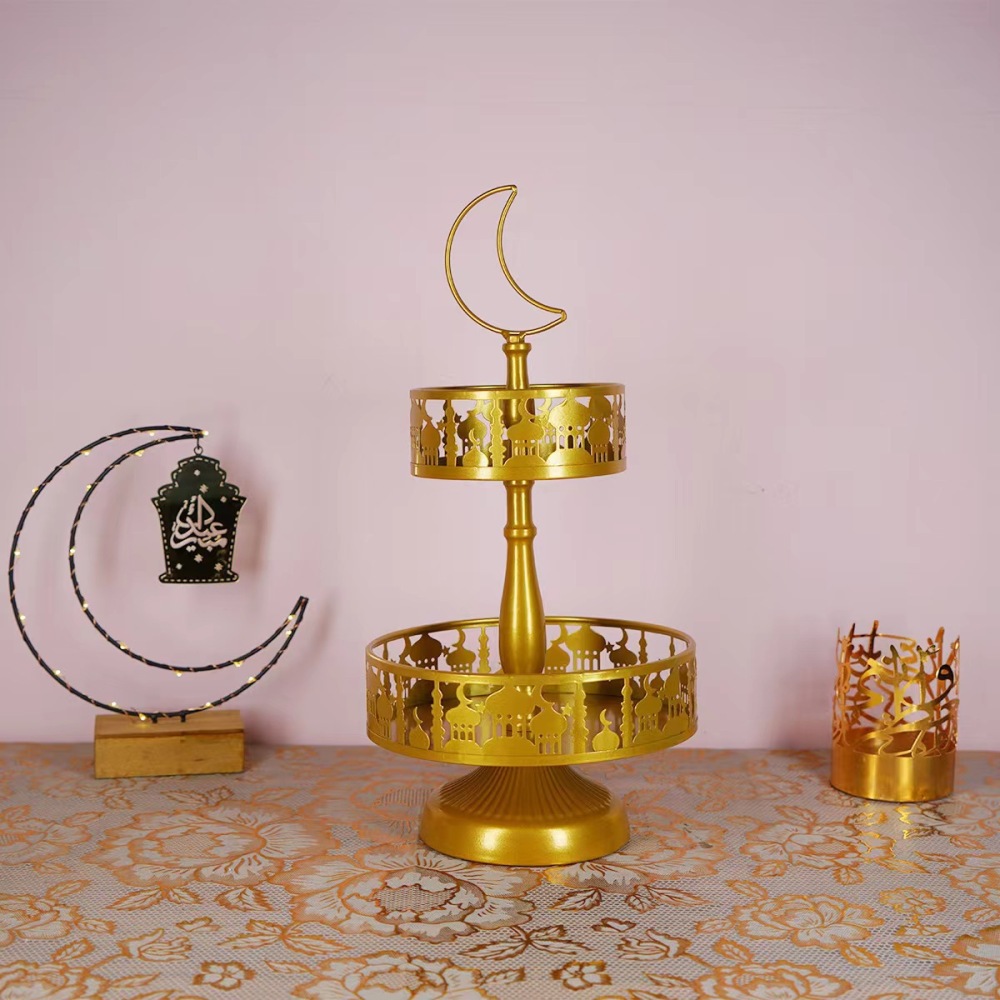Eid Metal Tray Decorations Mubarak Cake Stand Golden Decorative Trays Ramadan Double Layer Tray Rack Dessert Display Plate for Eid Mubarak Party Supplies