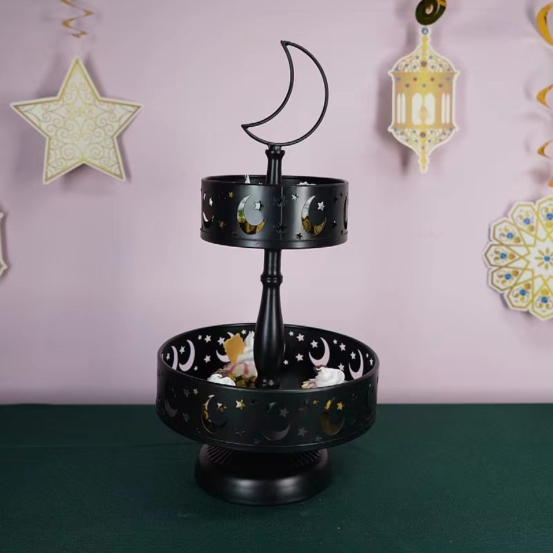 Eid Metal Tray Decorations Mubarak Cake Stand Golden Decorative Trays Ramadan Double Layer Tray Rack Dessert Display Plate for Eid Mubarak Party Supplies