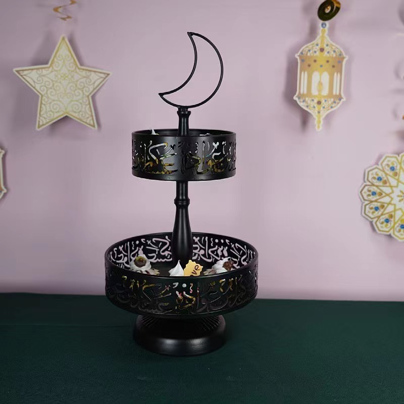 Eid Metal Tray Decorations Mubarak Cake Stand Golden Decorative Trays Ramadan Double Layer Tray Rack Dessert Display Plate for Eid Mubarak Party Supplies