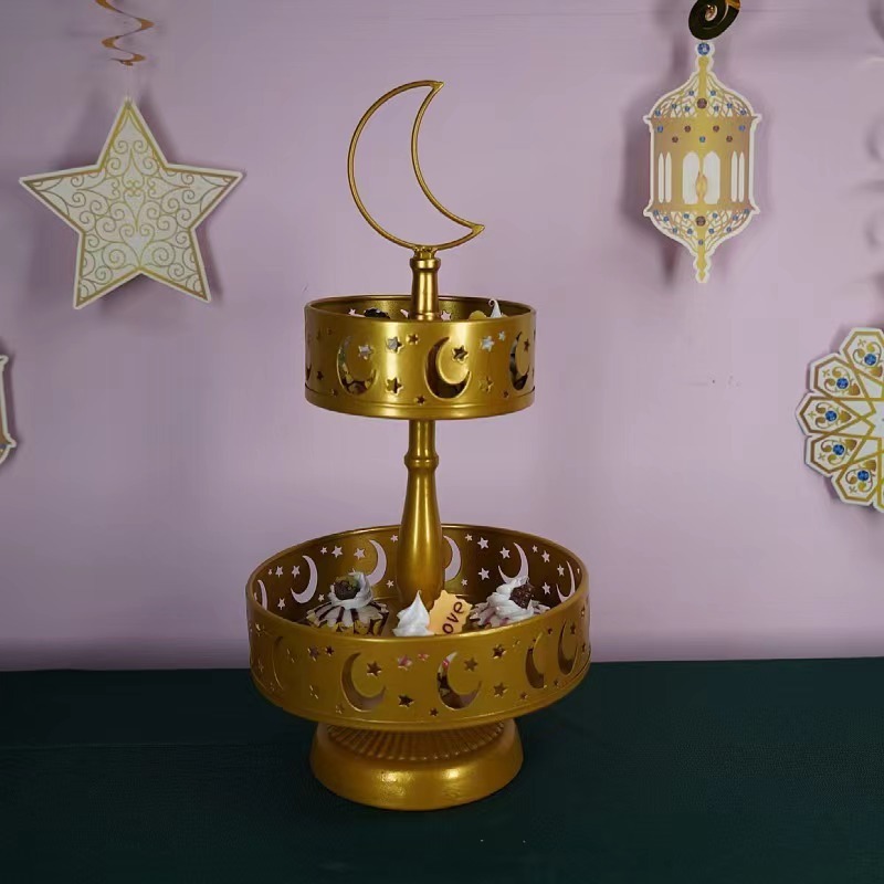 Eid Metal Tray Decorations Mubarak Cake Stand Golden Decorative Trays Ramadan Double Layer Tray Rack Dessert Display Plate for Eid Mubarak Party Supplies