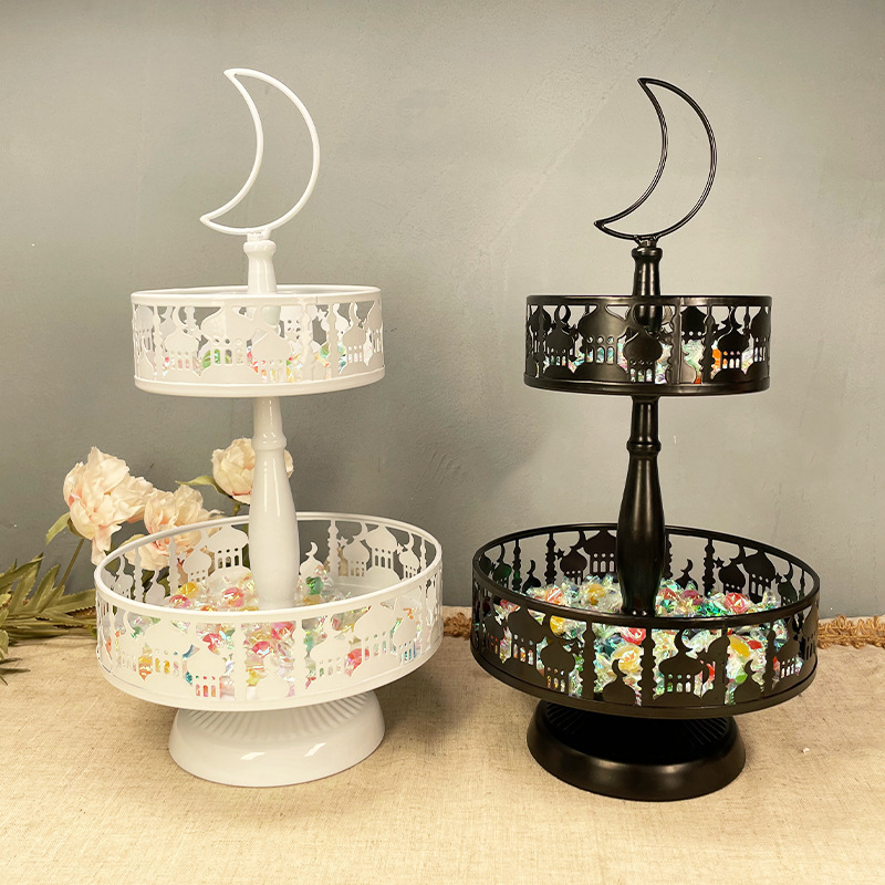 Eid Metal Tray Decorations Mubarak Cake Stand Golden Decorative Trays Ramadan Double Layer Tray Rack Dessert Display Plate for Eid Mubarak Party Supplies