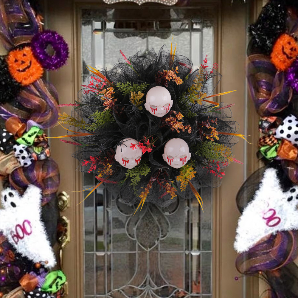 Halloween Skull Wreath for Front Door  Skeleton Heads Ornaments